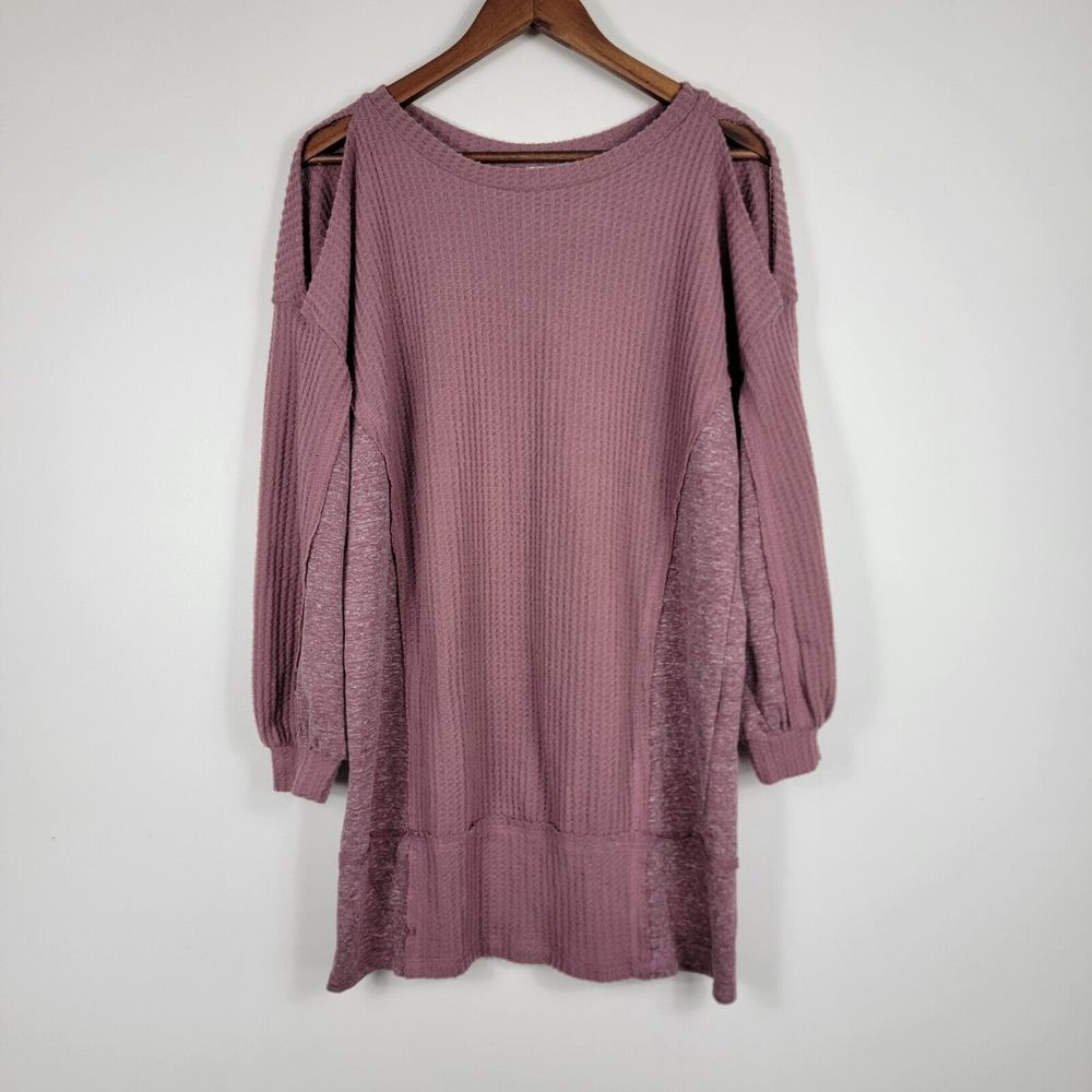 Umgee Women's Small Waffle Knit Dress Berry Long Sleeve Cold Shoulder
